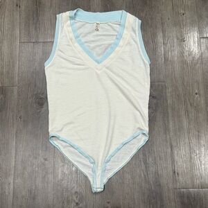 Free People Cream V-neck Bodysuit with Pale Blue Trim Size Small
